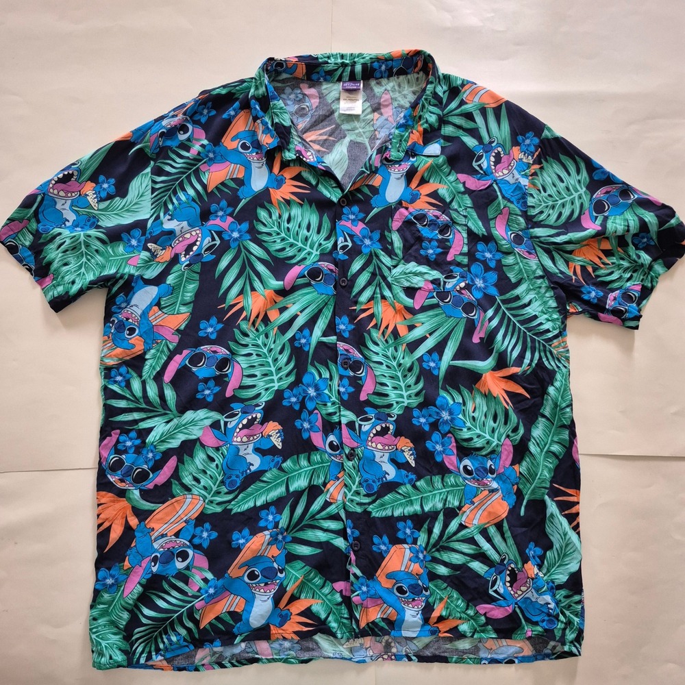 Disney Stitch Mens XXL Tropical Hawaiian Shirt Blue Rayon Short Sleeve Button Up